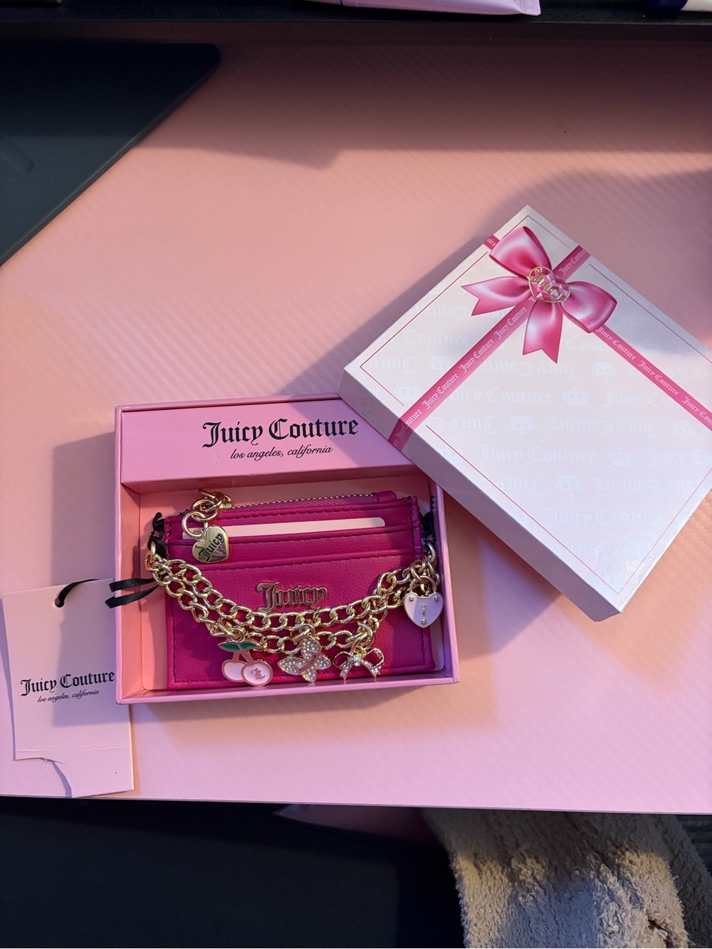 Juicy Couture Hot Pink Cardholder with Gold Charm Chain